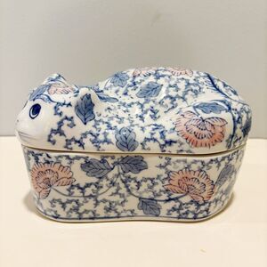 VTG Chinoiserie Ceramic Cat Large Trinket Box Container